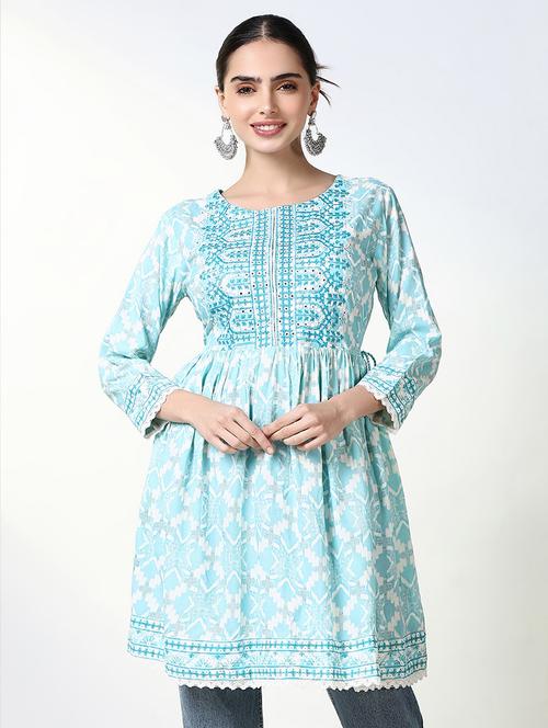 women light blue printed a-line kurti - 21661683 - Standard Image - 0