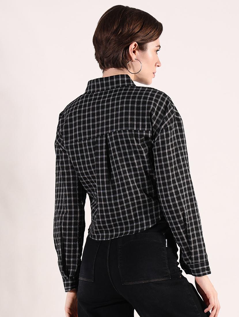 women long sleeves checkered crop shirt - 21661696 - Standard Image - 3