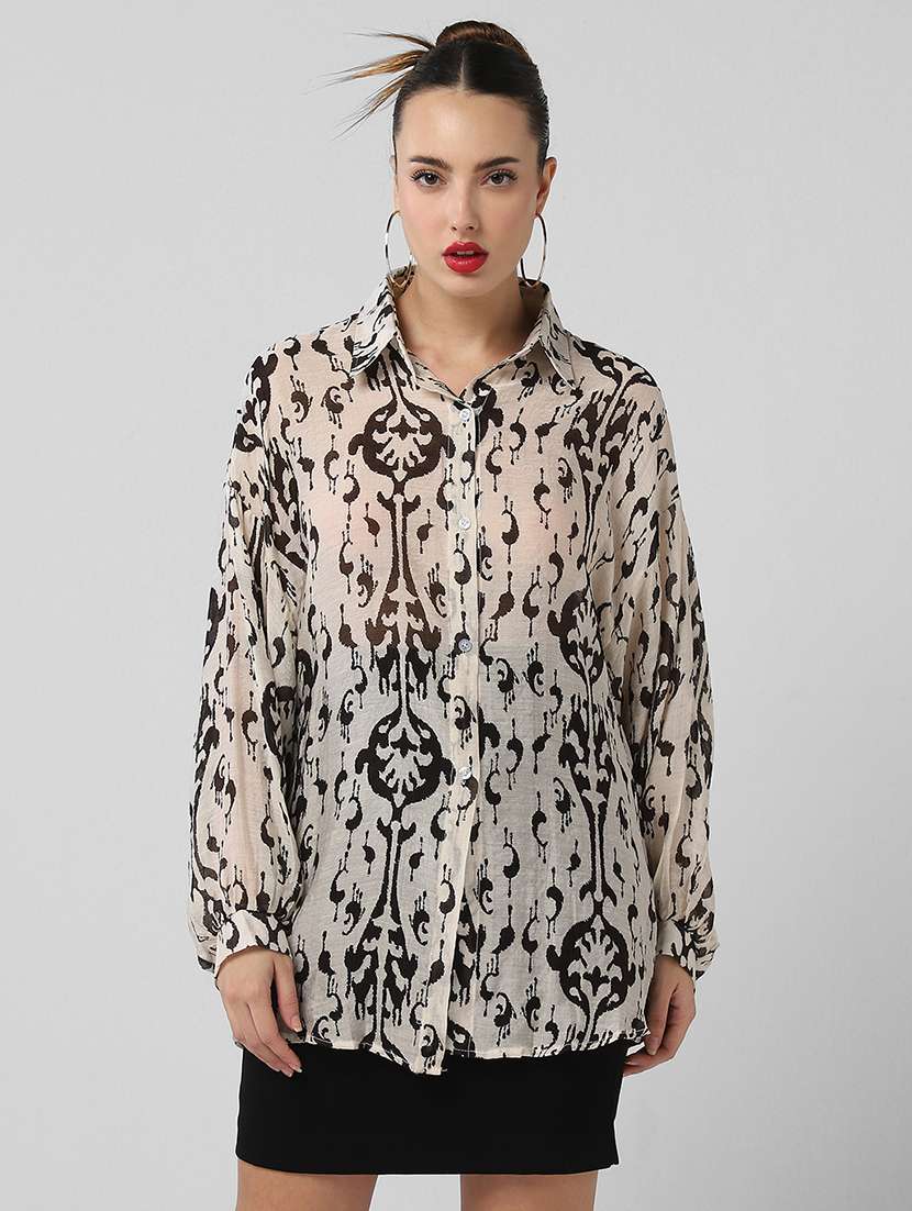 women puff sleeves printed oversized shirt