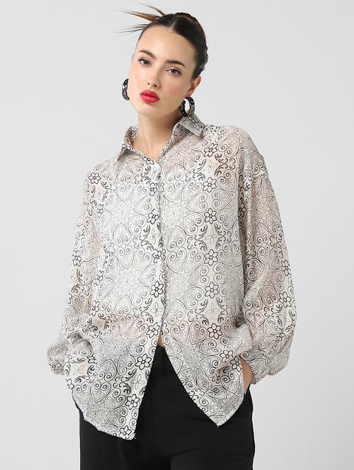women puff sleeves printed oversized shirt - 21661699 - Standard Image - 0