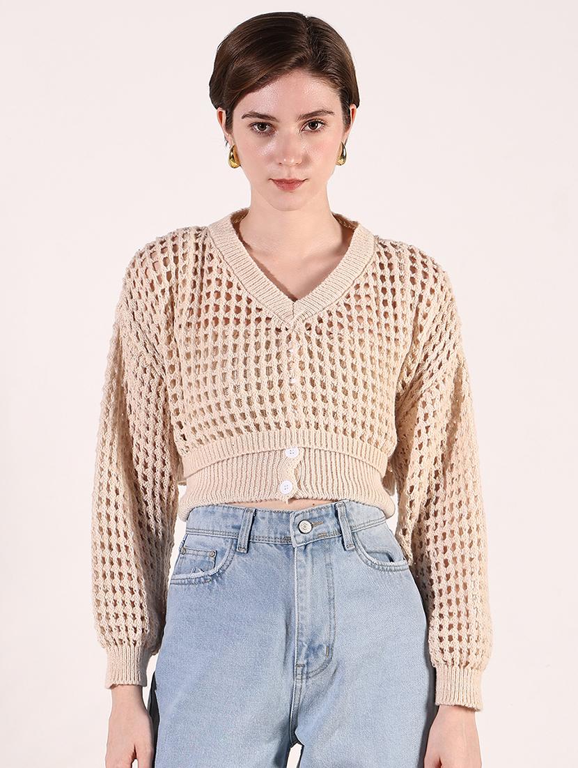 women crochet detailed long sleeves crop top - 21661748 -  Zoom Image - 0