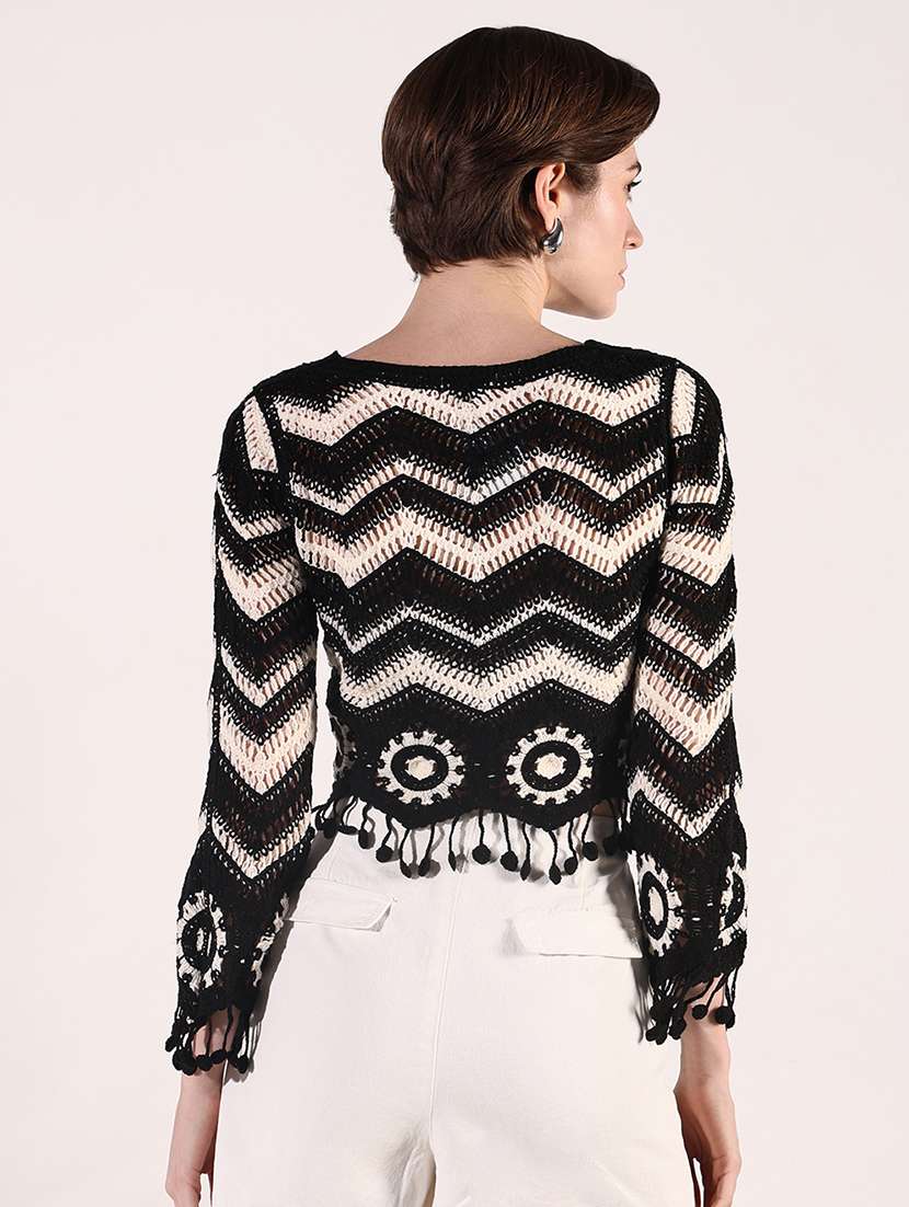 women crochet detailed long sleeves crop top - 21661749 -  Standard Image - 3