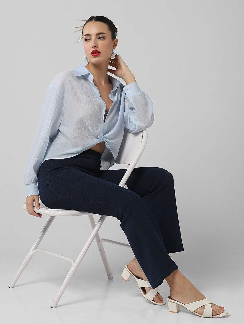 women solid collared long sleeves shirt top - 21661790 -  Standard Image - 5