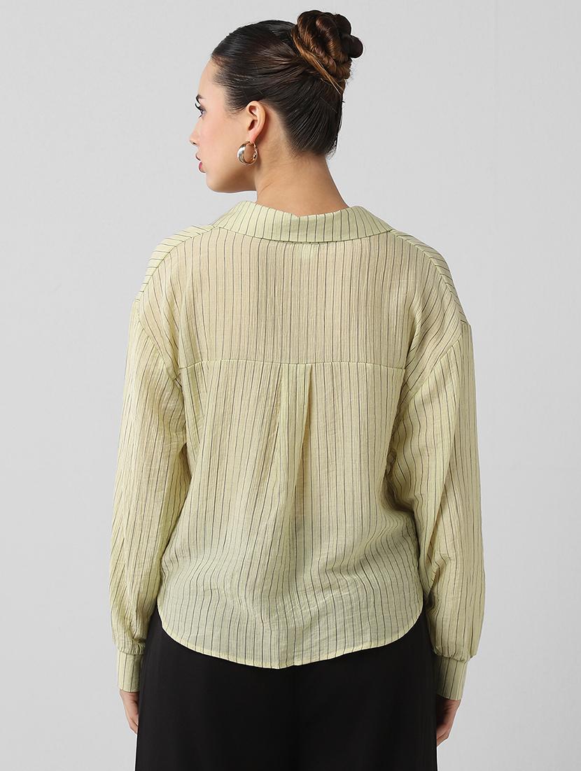 women striped collared long sleeves shirt top - 21661794 - Standard Image - 3