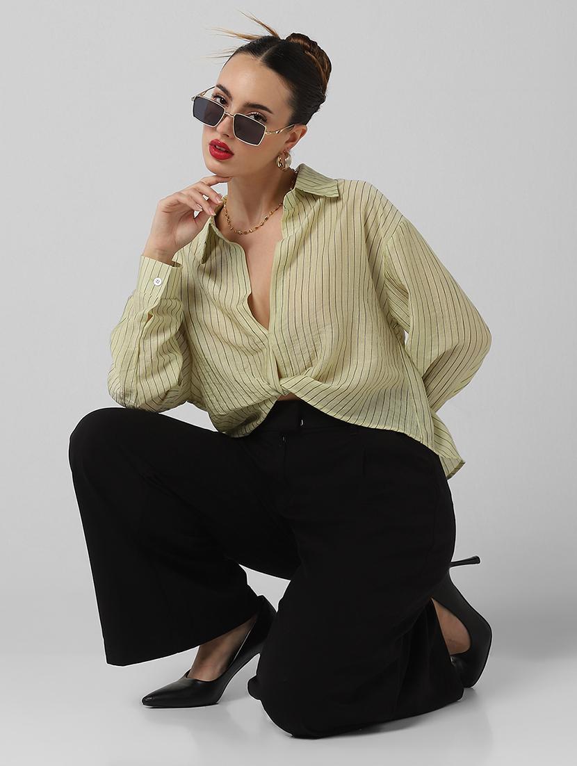 women striped collared long sleeves shirt top - 21661794 - Standard Image - 5
