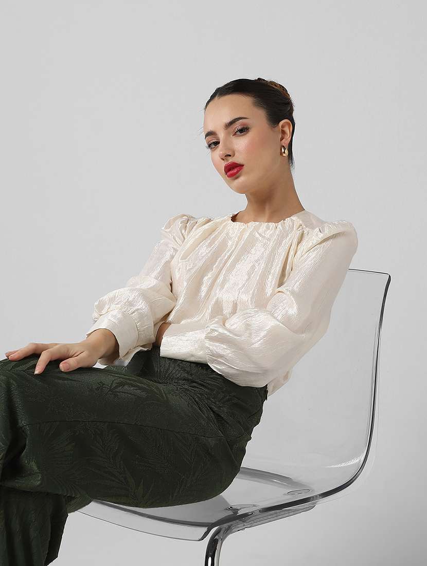 women solid puff sleeves a-line top - 21661797 -  Standard Image - 5