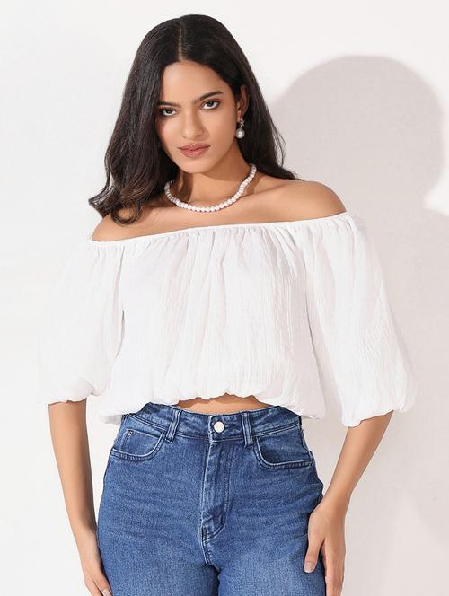 women solid off shoulder blouson top - 21661811 - Standard Image - 0