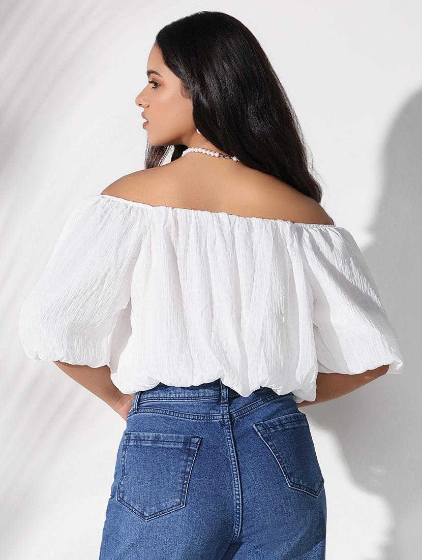 women solid off shoulder blouson top - 21661811 - Standard Image - 3