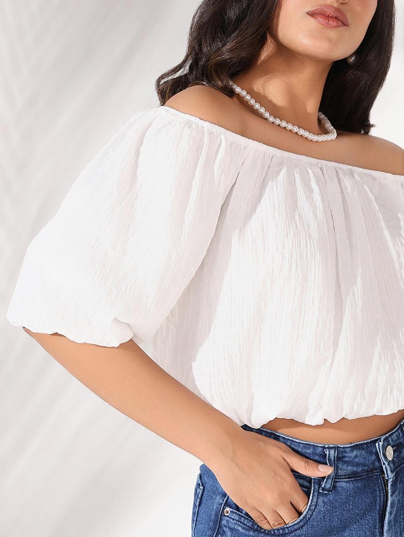 women solid off shoulder blouson top - 21661811 - Standard Image - 5