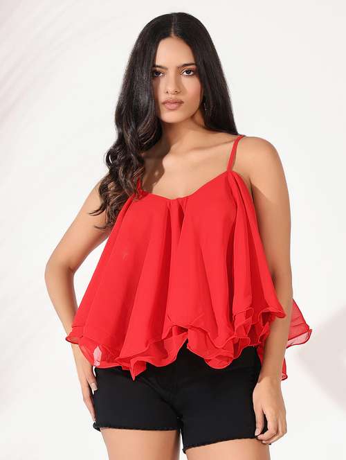 women solid shoulder strap flared top - 21661831 - Standard Image - 0