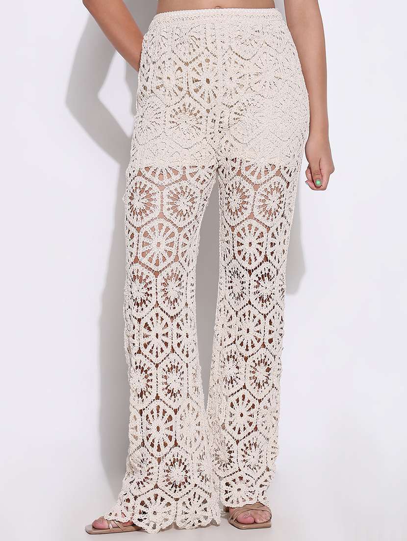 women crochet detailed high rise straight trouser