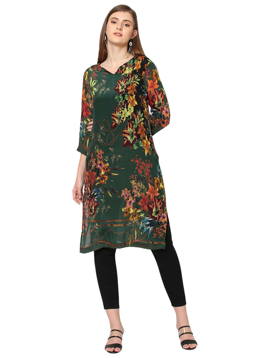 women floral three quarter sleeve straight kurta