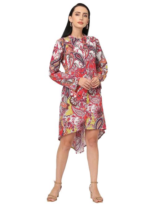 women multi color printed mandarin neck high-low dress - 21662106 -  Standard Image - 0
