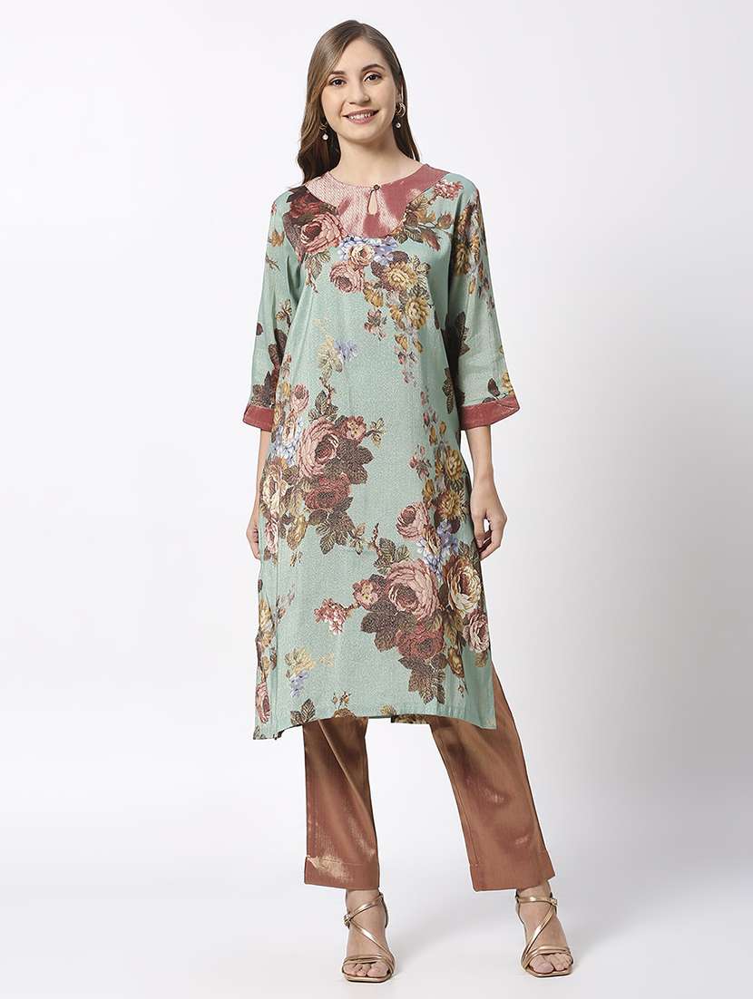 women floral three quarter sleeves straight kurta
