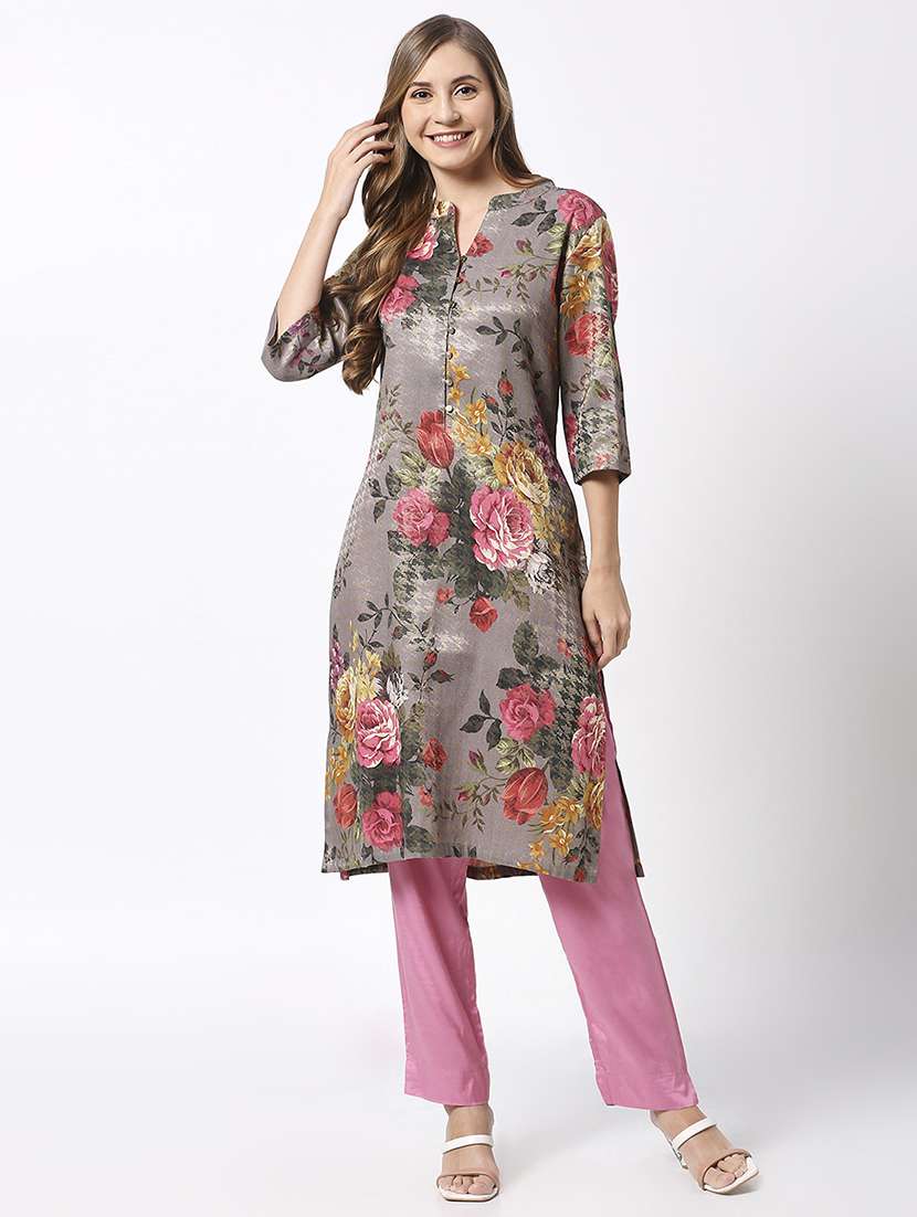 women floral three quarter sleeves straight kurta - 21662151 - Standard Image - 5