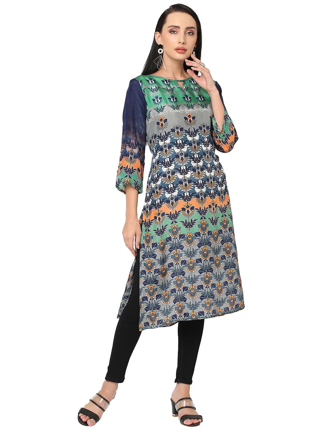 women floral three quarter sleeve straight kurta