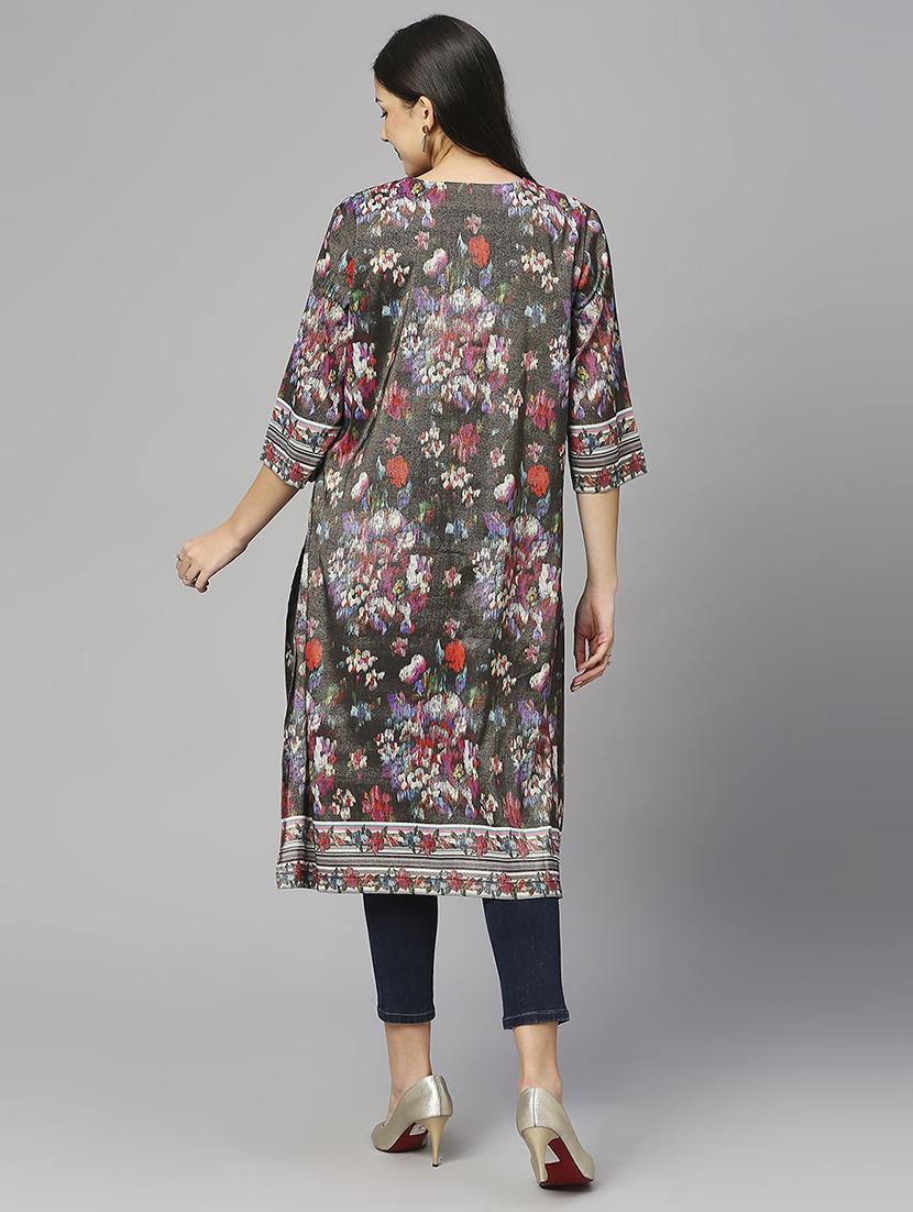 women floral three quarter sleeves straight kurta - 21662176 - Standard Image - 3