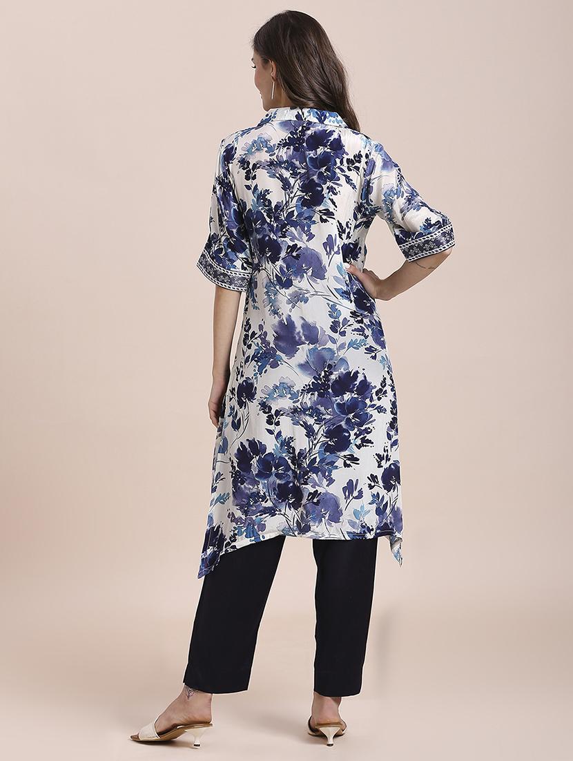 women floral print shirt collar neck asymmetric kurta - 21662190 - Standard Image - 3
