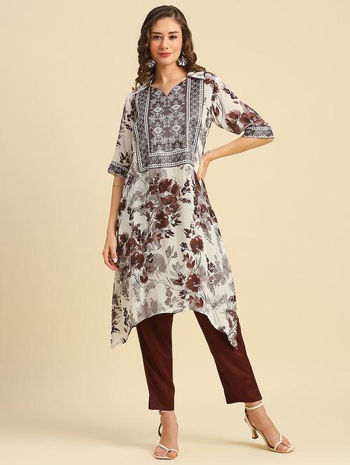 women floral print shirt collar neck asymmetric kurta - 21662191 - Standard Image - 0