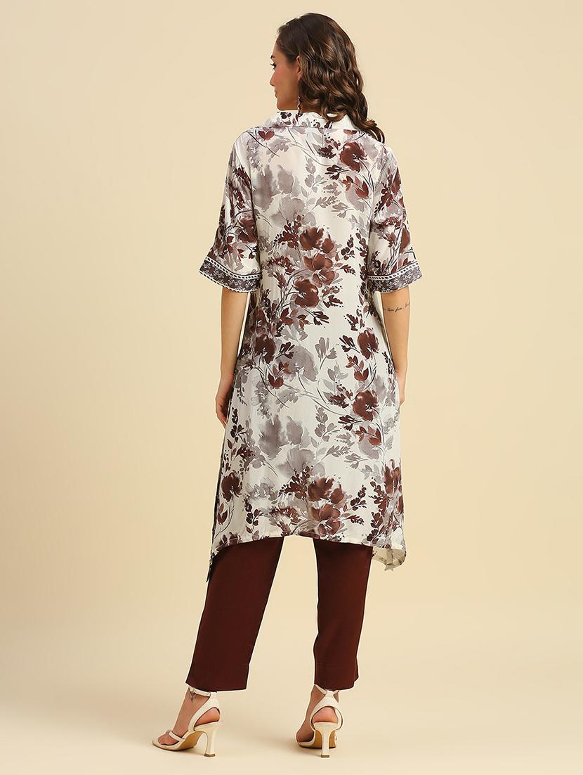 women floral print shirt collar neck asymmetric kurta - 21662191 - Standard Image - 3