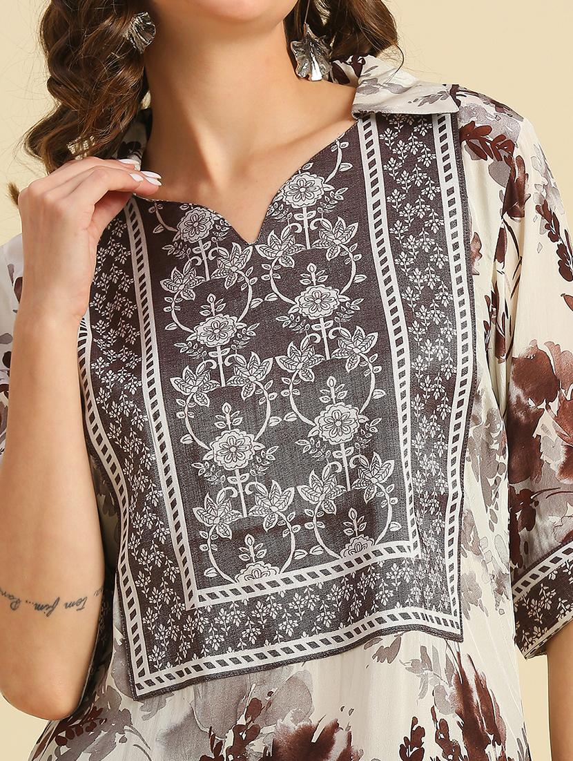 women floral print shirt collar neck asymmetric kurta - 21662191 - Standard Image - 5