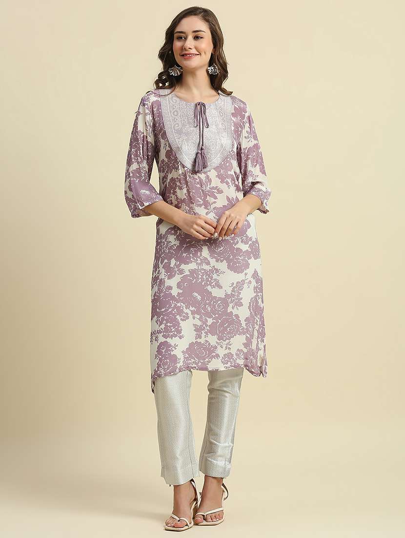 women floral three quarter sleeve straight kurta