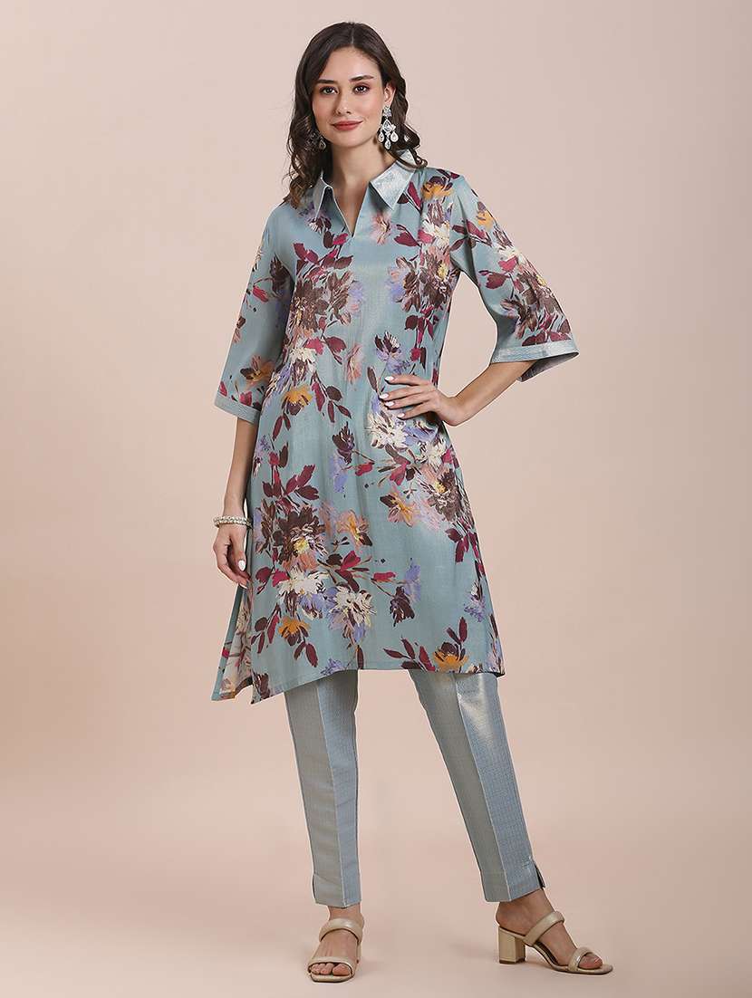 women floral three quarter sleeve straight kurta