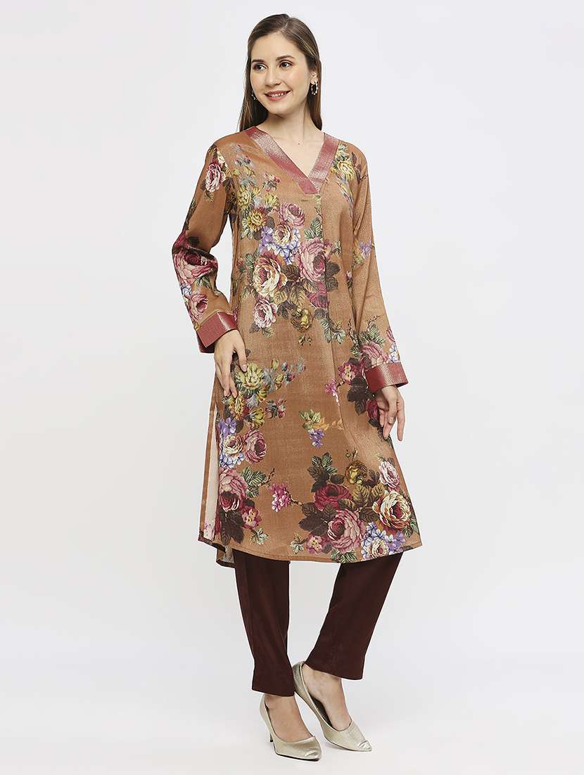 women floral long sleeve straight kurta - 21662216 - Standard Image - 5