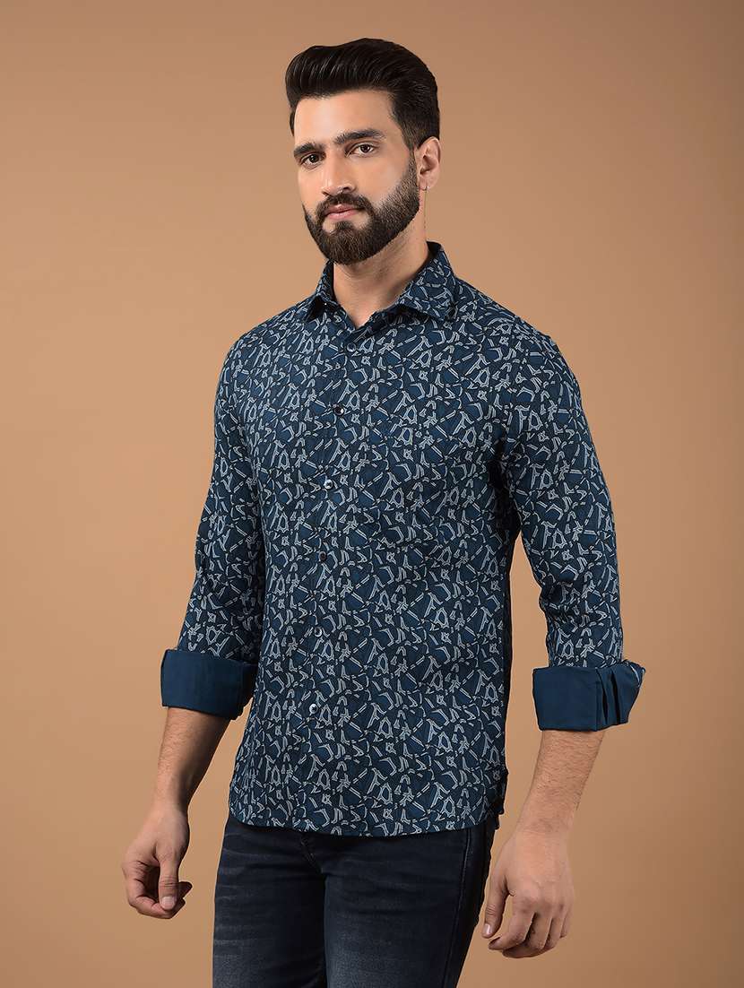 men long sleeves printed casual shirt