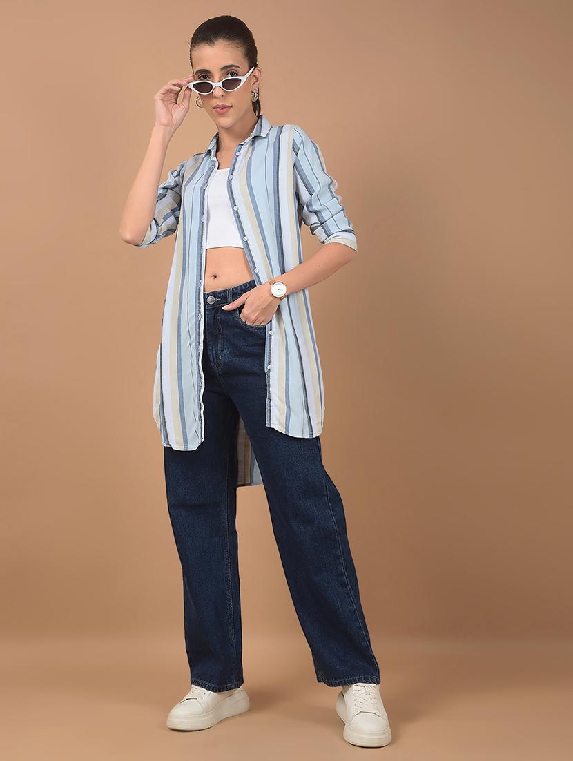 women striped collared high low shirt - 21662427 - Standard Image - 3