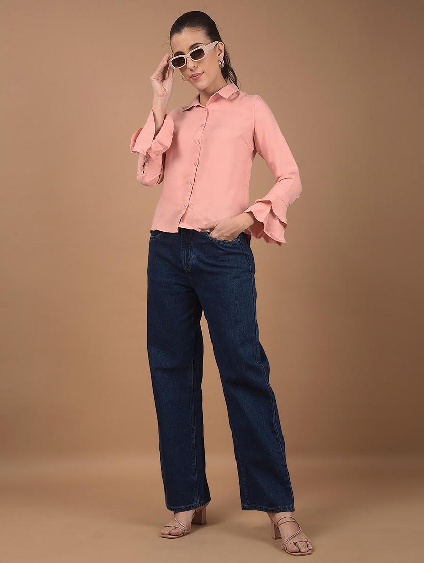 women solid collared bell sleeves high low shirt - 21662428 - Standard Image - 3
