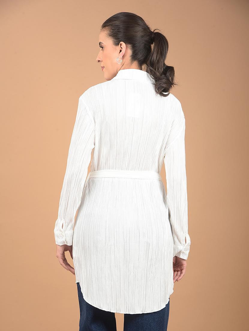 women white solid long sleeve shirt top with belt - 21662473 - Standard Image - 3