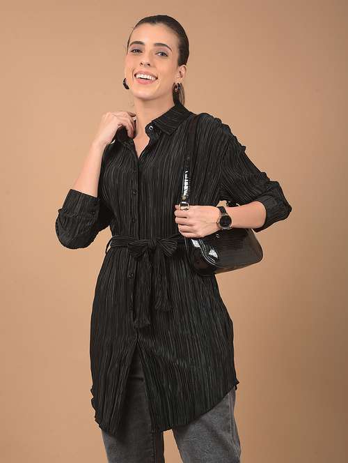 Women Stripes Long Sleeve Shirt Top With Belt
