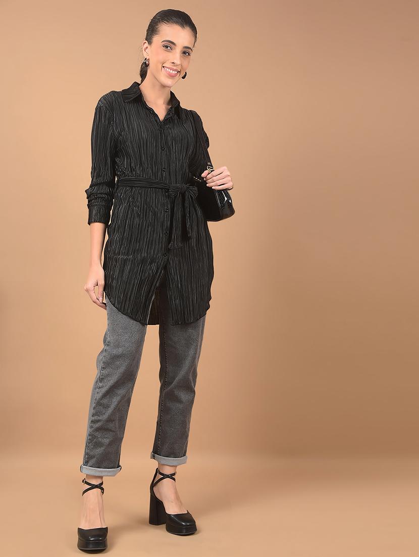women stripes long sleeve shirt top with belt - 21662474 - Standard Image - 5