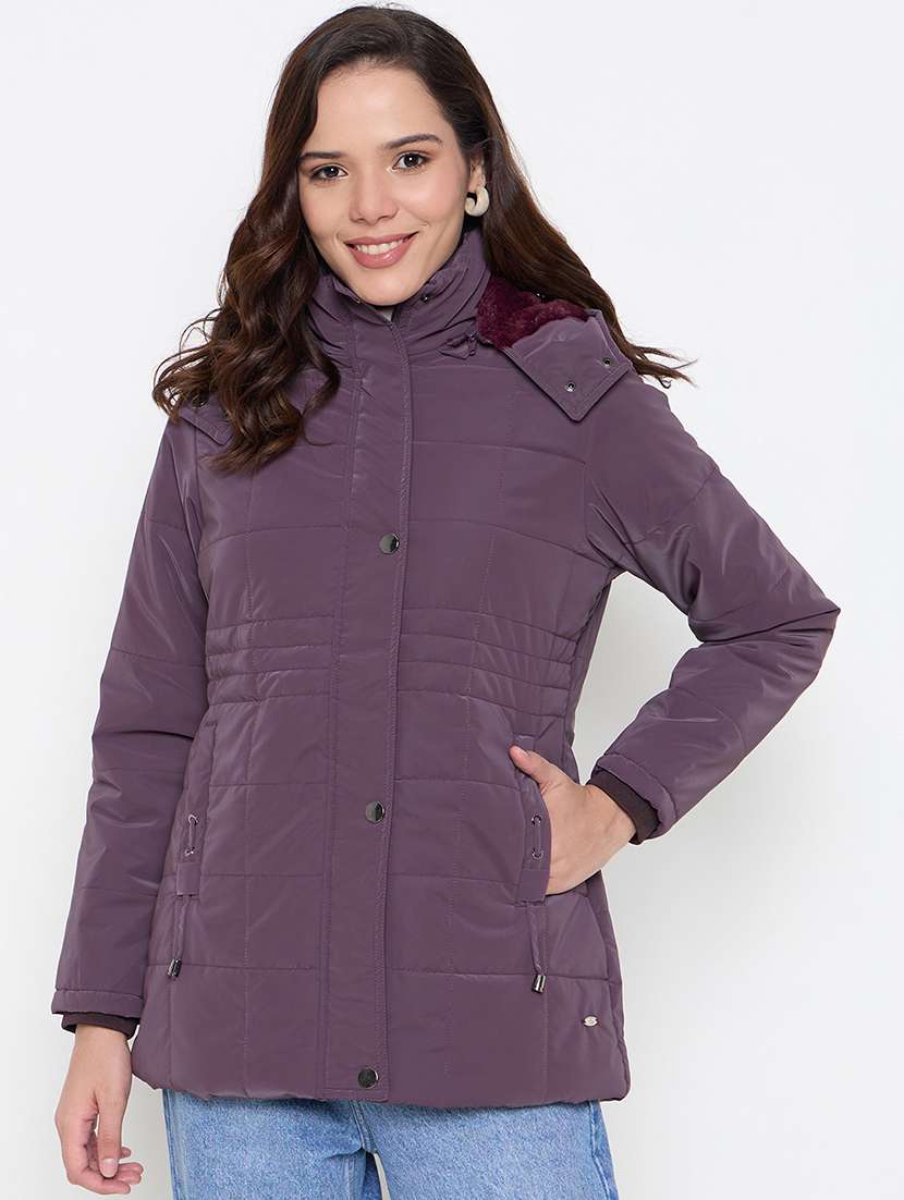 women solid hooded long sleeves quilted acket