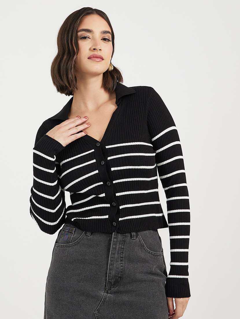 women striped long sleeves cardigan - 21662657 -  Zoom Image - 0
