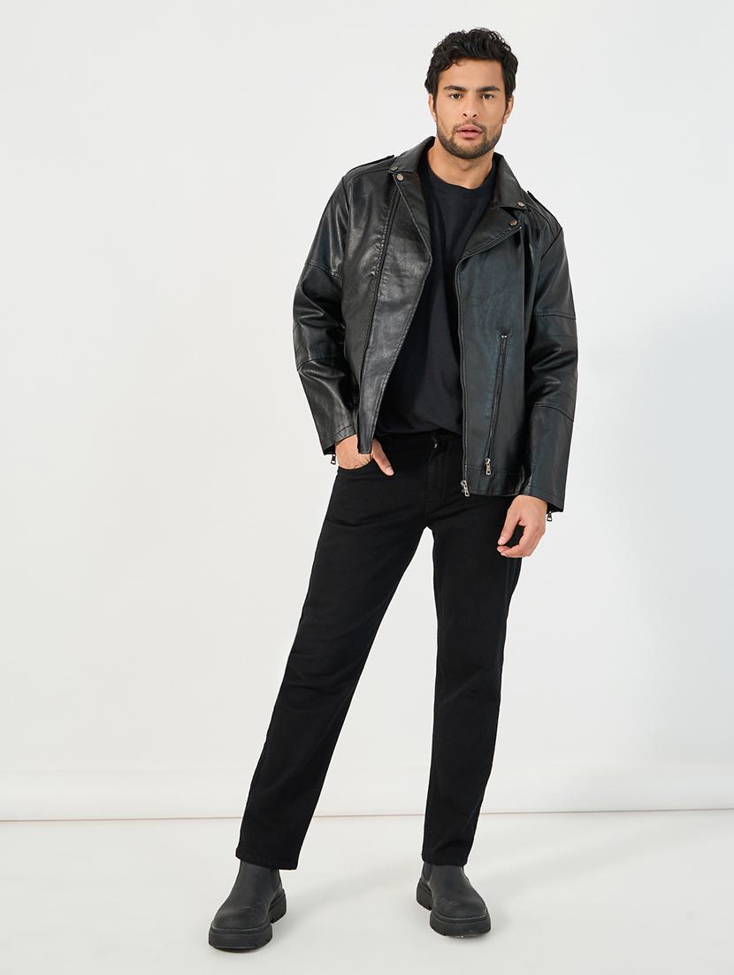 men black solid long sleeve biker jacket - 21662706 - Standard Image - 3