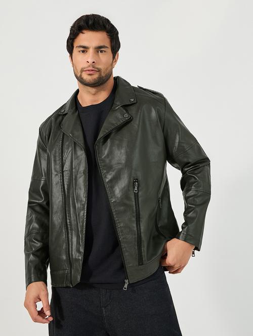 men green solid long sleeve biker jacket - 21662707 - Standard Image - 0