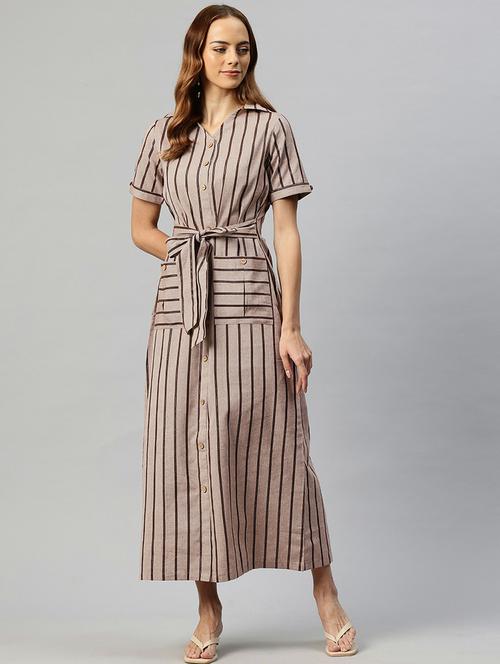 women beige stripes shirt collar neck straight dress - 21663446 - Standard Image - 0