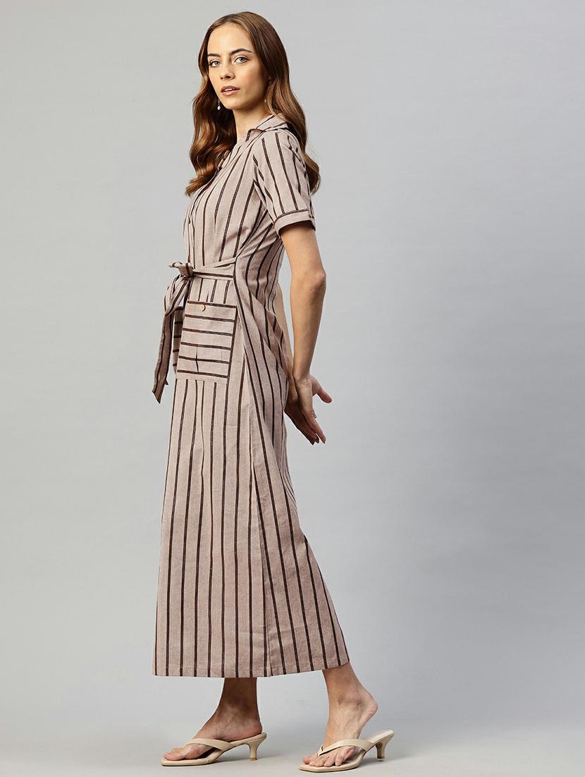 women beige stripes shirt collar neck straight dress - 21663446 - Standard Image - 3