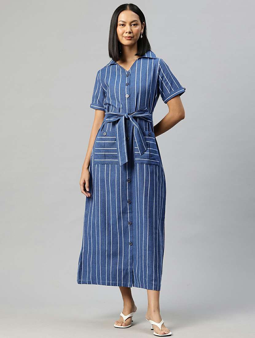 women blue stripes shirt collar neck straight dress