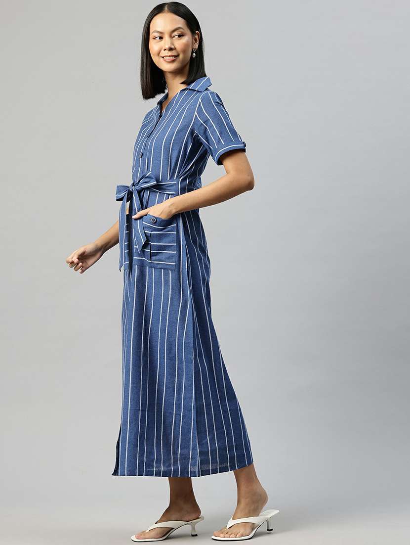 women blue stripes shirt collar neck straight dress - 21663447 -  Standard Image - 3
