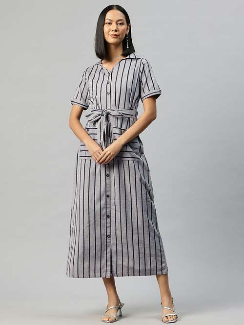 women grey stripes shirt collar neck straight dress - 21663448 -  Standard Image - 0