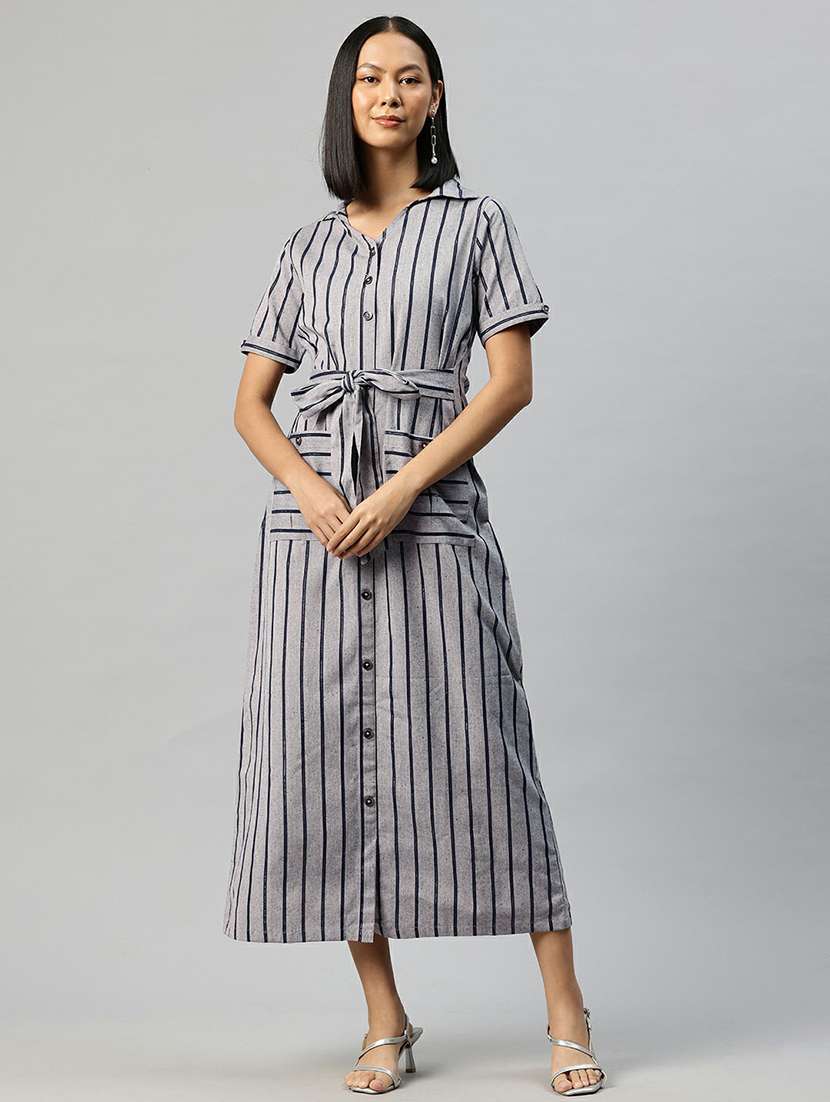 women grey stripes shirt collar neck straight dress