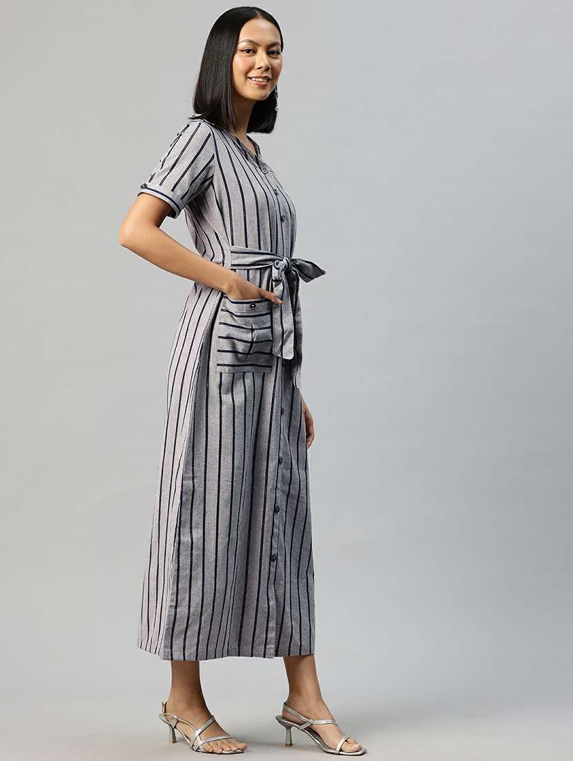 women grey stripes shirt collar neck straight dress - 21663448 -  Standard Image - 3