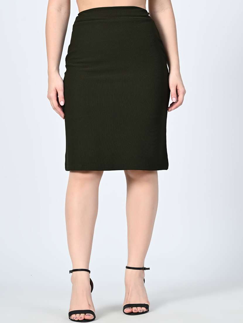 women olive solid pencil skirt