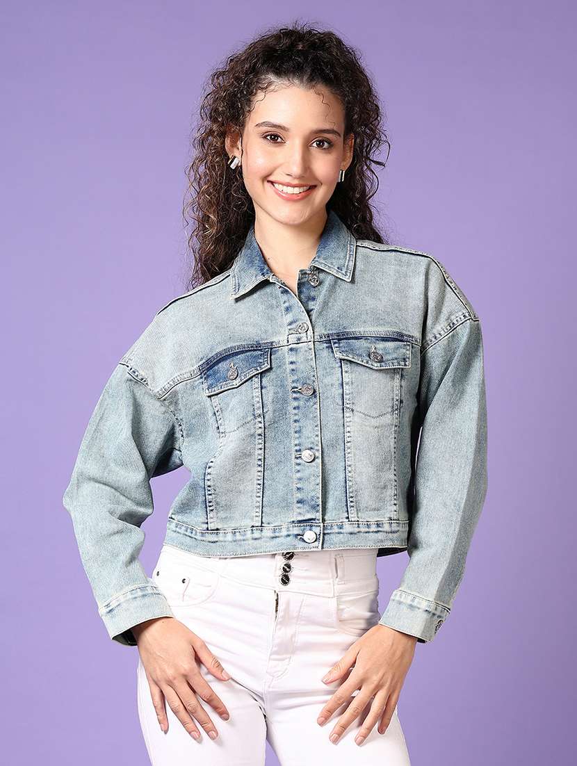 women light blue solid denim summer jacket