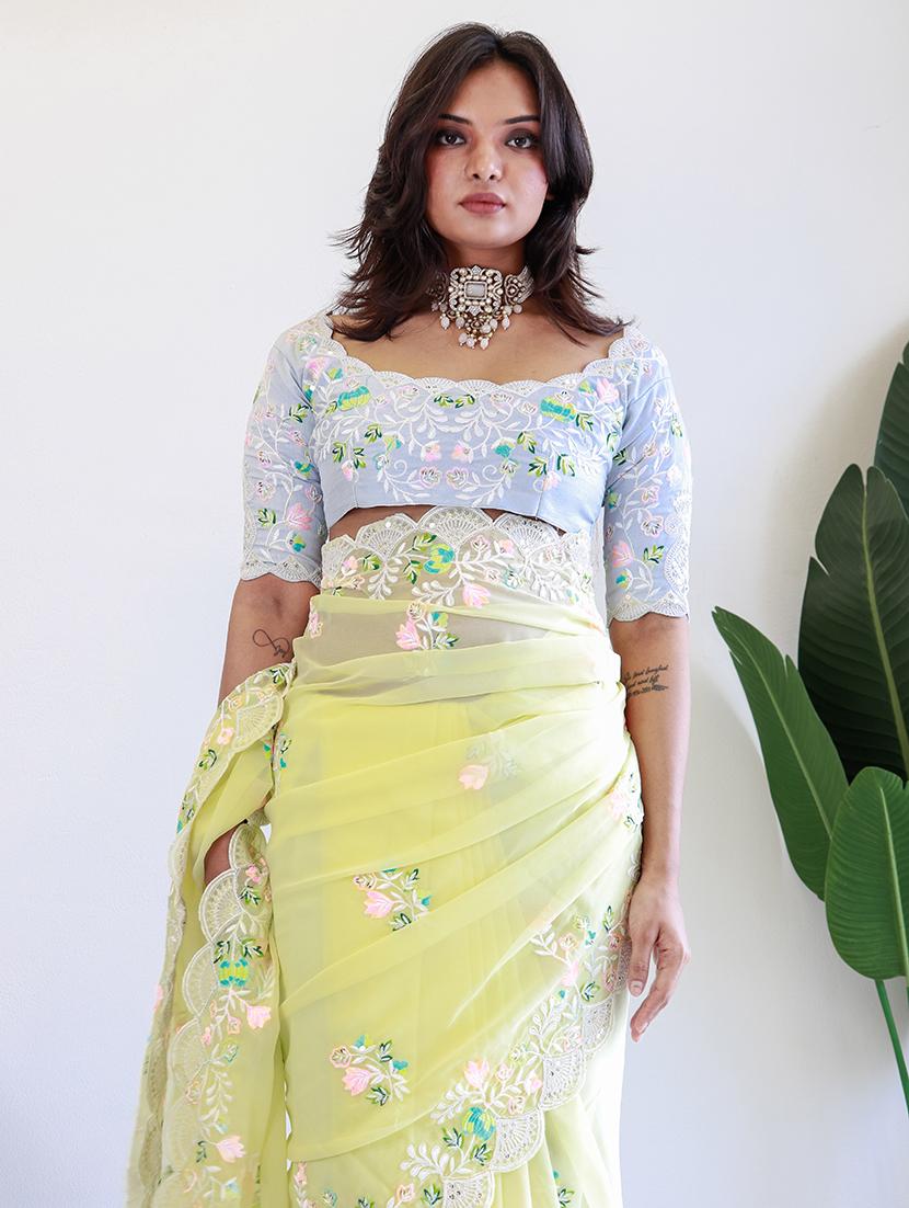 women lime embroidered saree with blouse - 21663945 - Standard Image - 3