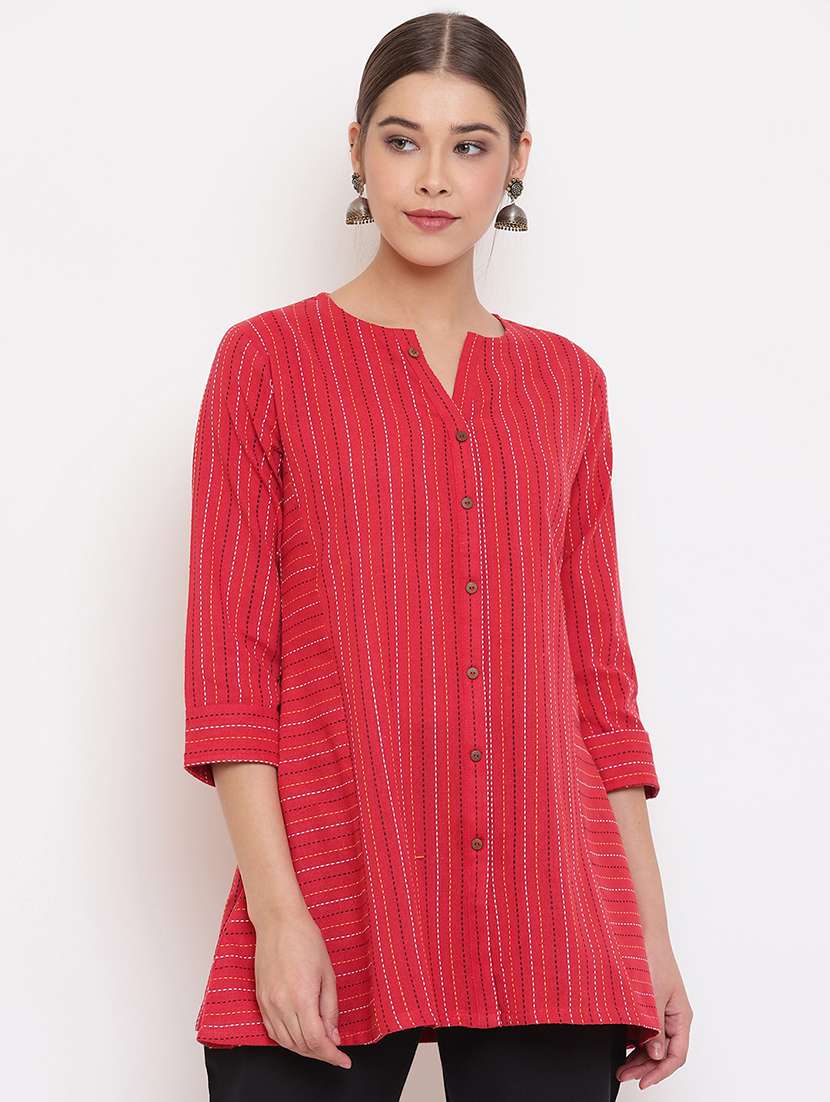 women red printed notch neck a-line kurti