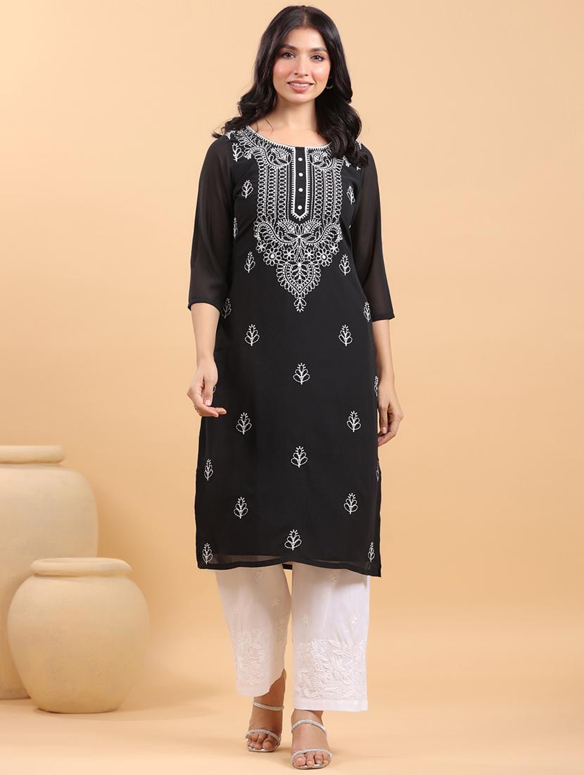 women embroidered three quarter sleeve straight kurta - 21663983 -  Zoom Image - 0